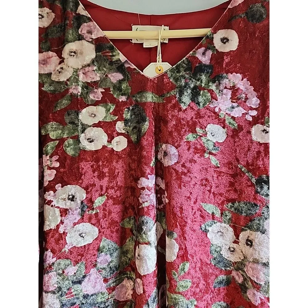 Loveriche Womens‎ L Floral Boho Faux Velvet LD42500 Wine Mix Dress